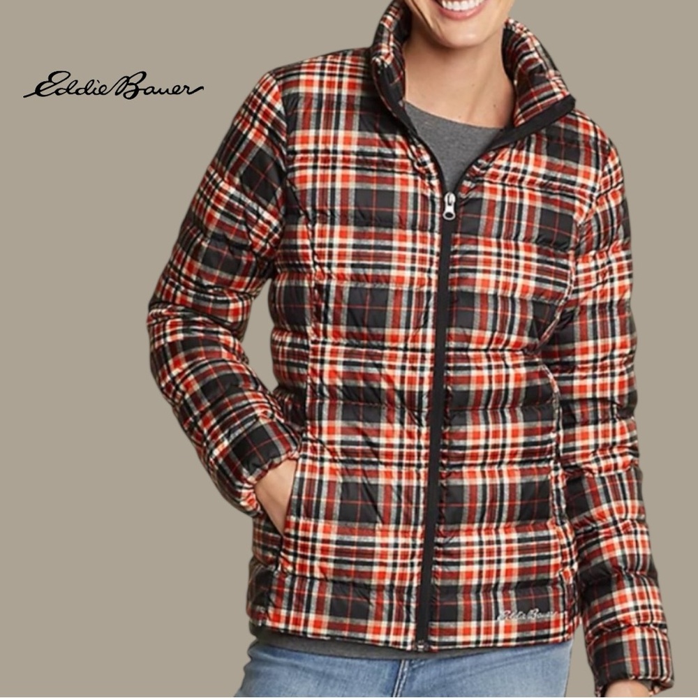 Eddie Bauer 650 Down Plaid Puffer Jacket Red Black XL